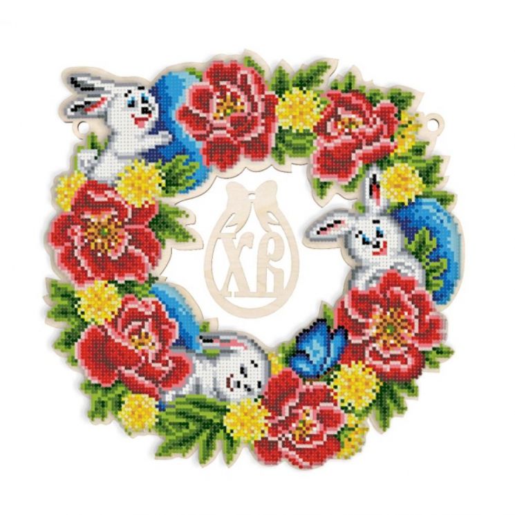 Набор для вышивания бисером WoodStitch "Пасхальный венок. Зайки", 26х26, SH-020