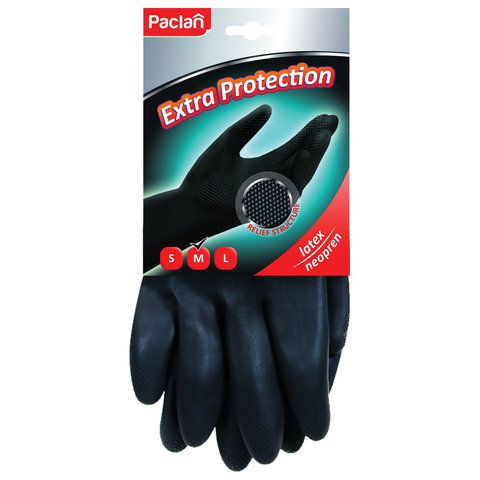 Перчатки хозяйственные неопреновые, хлопчатобумажное напыление, размер M (средний), черные, PACLAN "Extra Protection", 407740